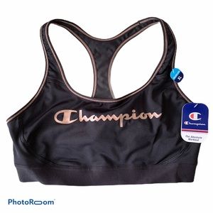 Champion Sports Bra Black W/ Rose Gold Logo & Trim